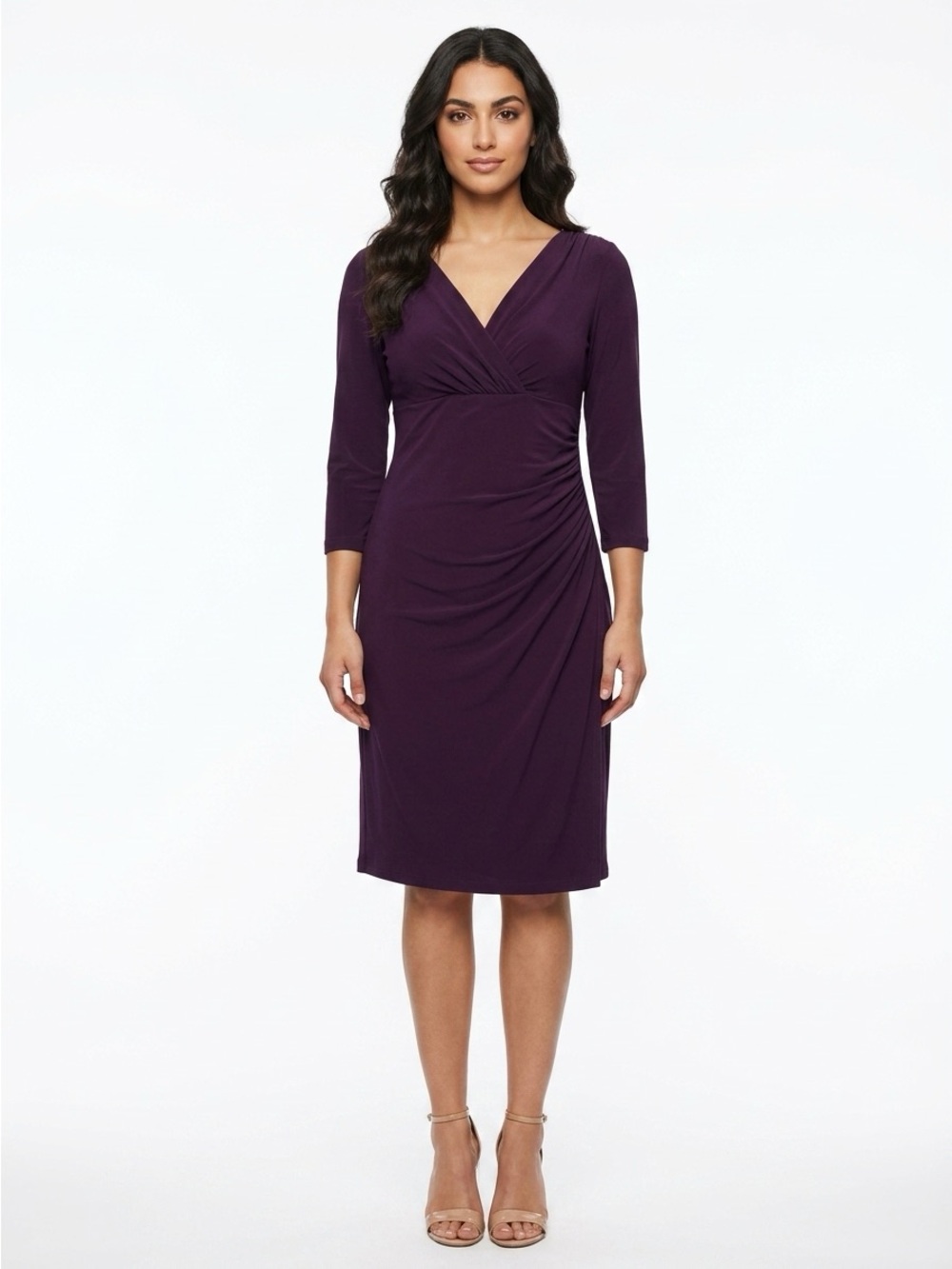 Lauren Ralph Lauren Ruched Surplice V Neck Jersey Midi Dress Plum 10